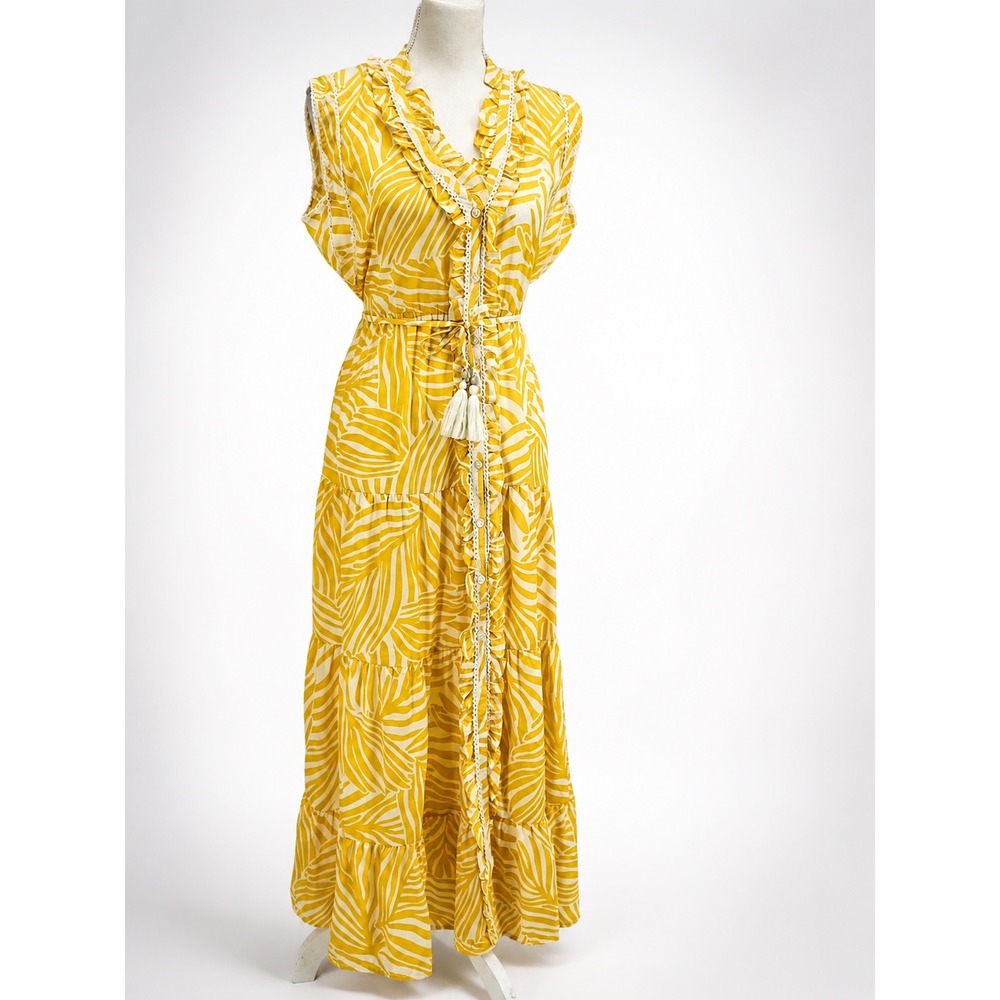 True Destination Maxi Dress Yellow Tropical Ruffle Resort Vacation Size M